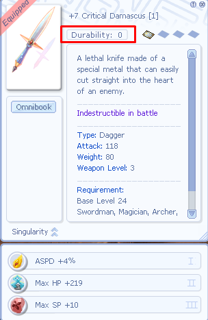 Interface de refino mostrando durabilidade